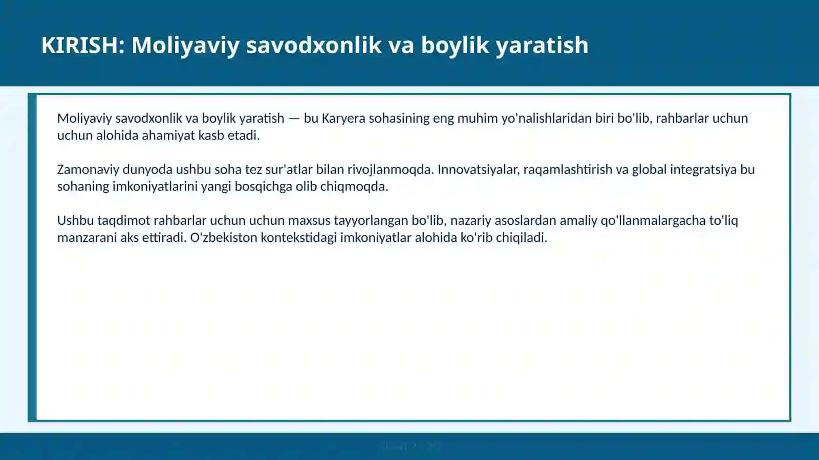 Moliyaviy savodxonlik va boylik yaratish 2