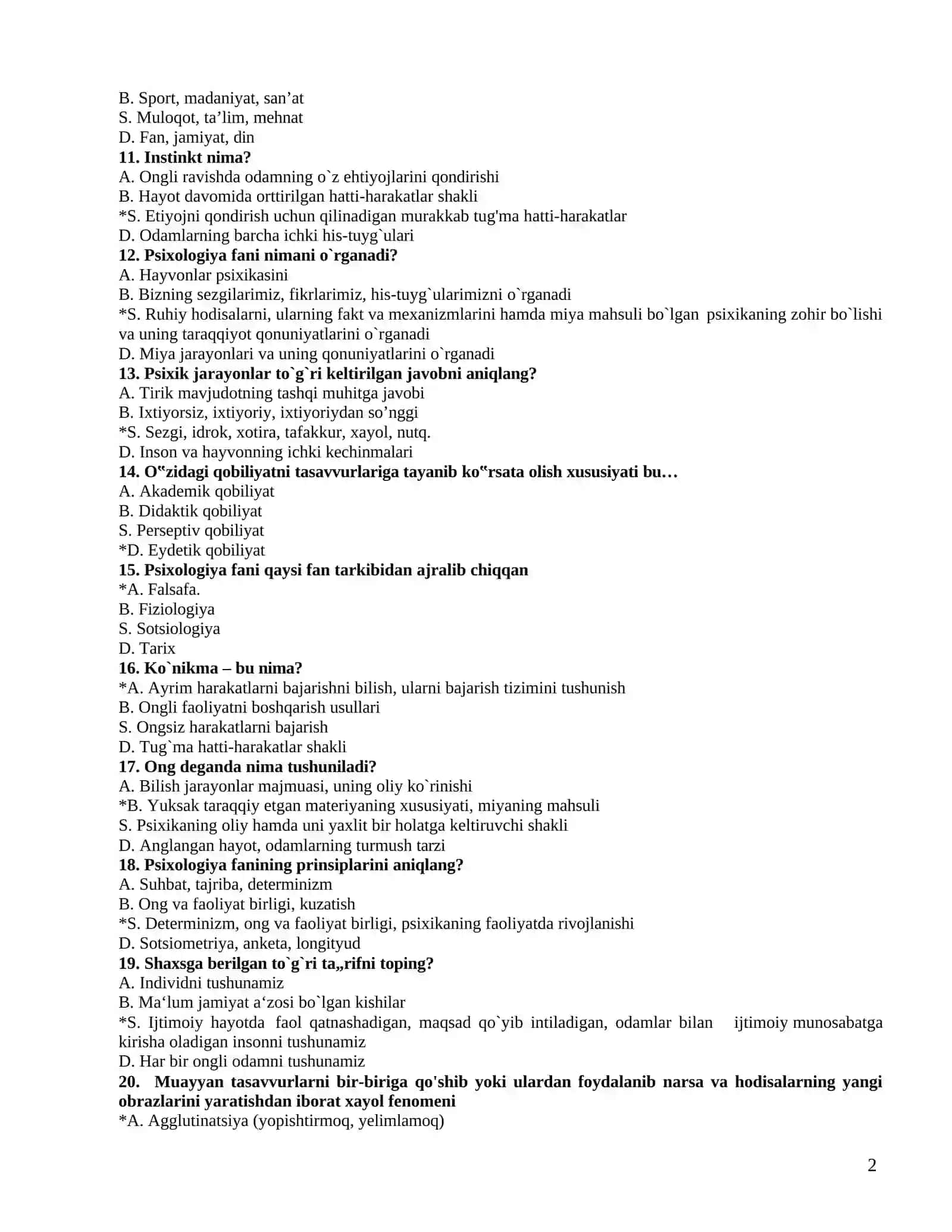 Psixologiya fanidan test savollari 2
