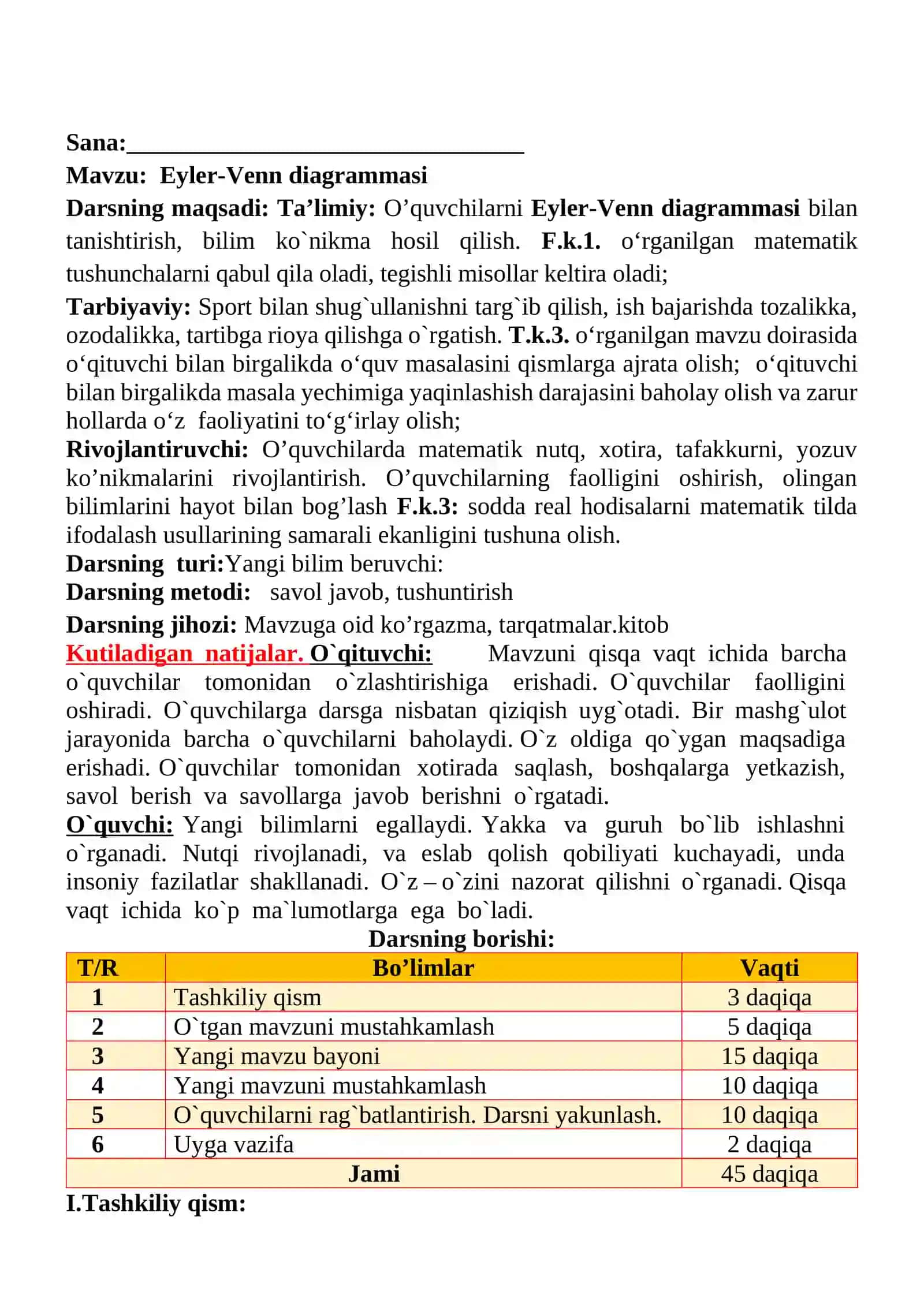 Eyler-Venn diagrammasi mavzusida 3-sinf Matematika fanidan dars ishlanmasi 2