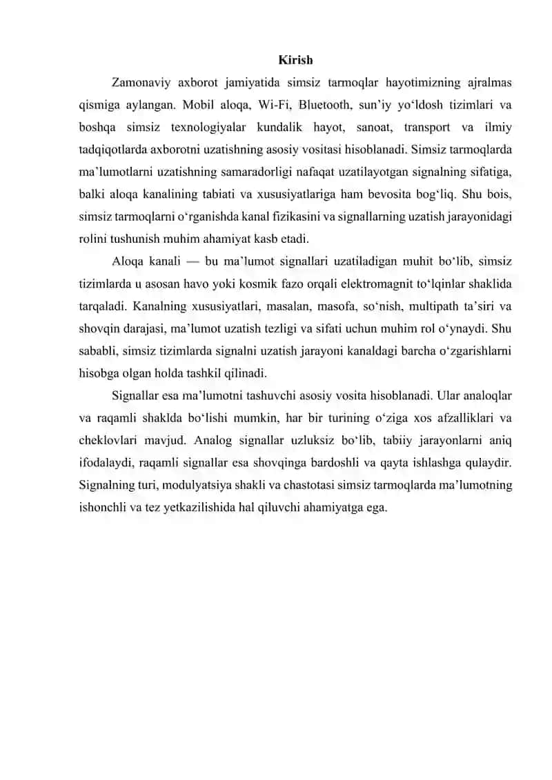 Simsiz tarmoqlarda ma'lumotlarni uzatish asoslari. Aloqa kanallari boʻyicha ma'lumotlarni uzatish uchun signallarning turlari 2