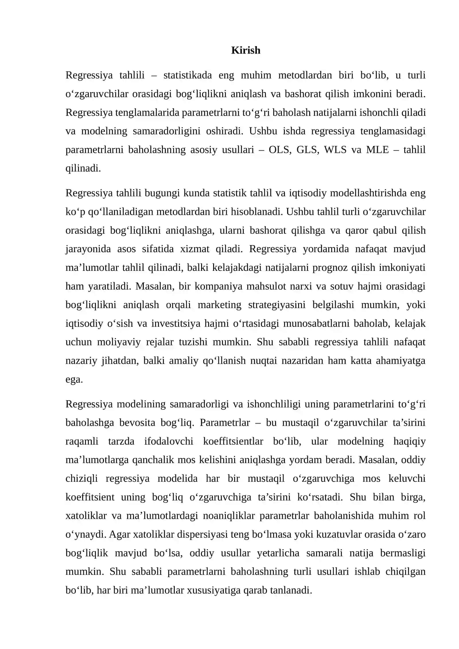 REGRESSIYA TENGLAMASIDA PARAMETRLARNI BAHOLASH USULLARI (OLS, GLS VA BOSHQALAR) 2