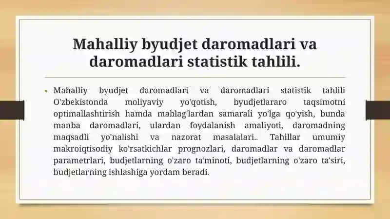 Mahalliy byudjet daromadlari va daromadlari statistik tahlili. 2