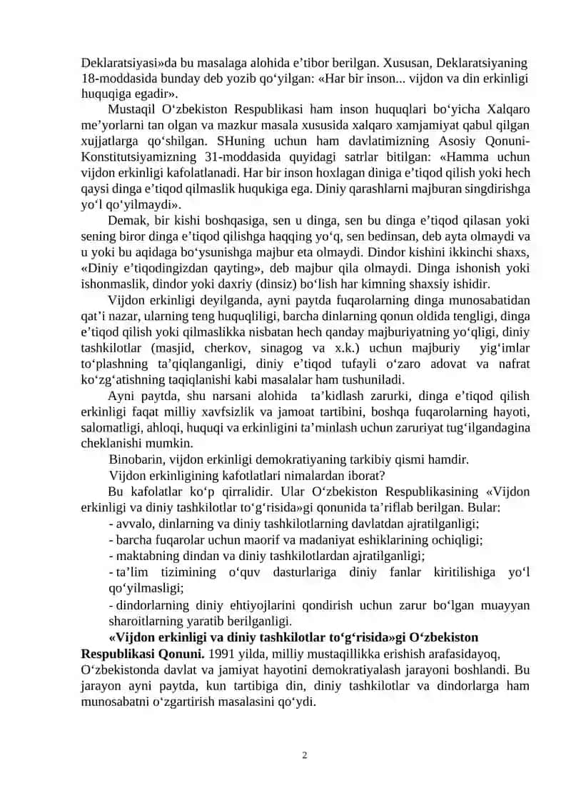 O‘ZBEKISTONDA VIJDON ERKINLIGI. DINIY EKSTREMIZM VA TERRORIZMGA QARSHI KURASH 2