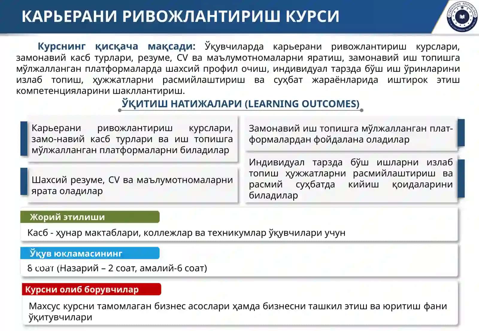 КАРЬЕРАНИ РИВОЖЛАНТИРИШ КУРСИ 2
