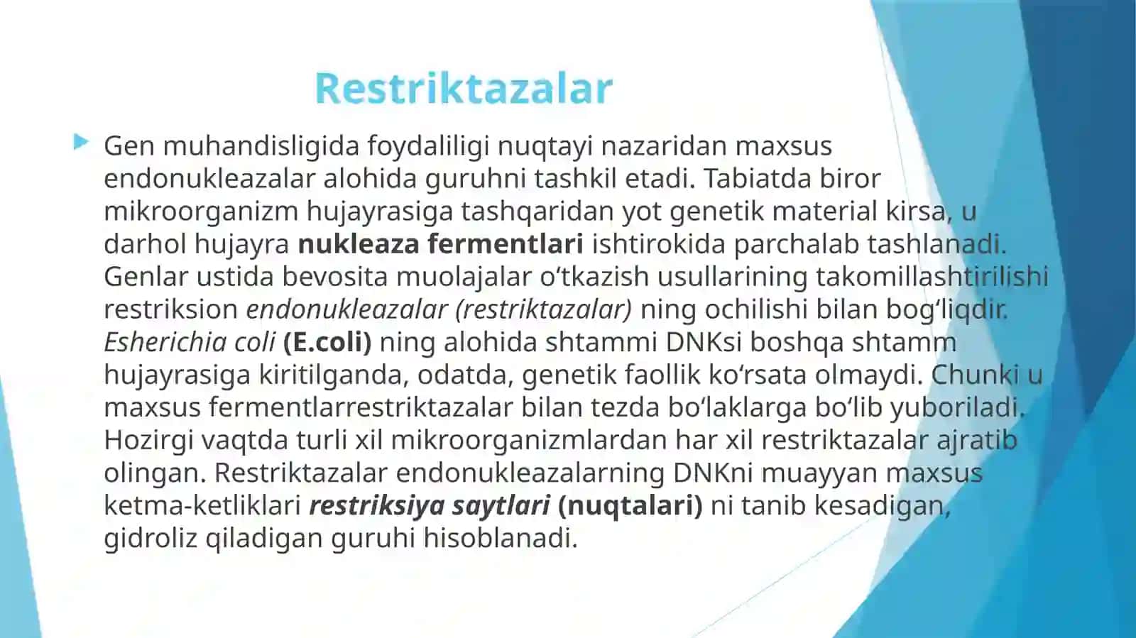 Restriktazalarga doir masalalarni ishlash usullari 2