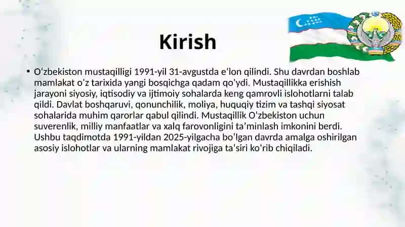 O'zbekistonning eng yangi tarixida muhim islohotlar (1991-2025). 2