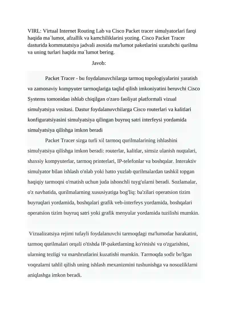 "VIRL: Virtual Internet Routing Lab va Cisco Packet tracer simulyatorlari" 2