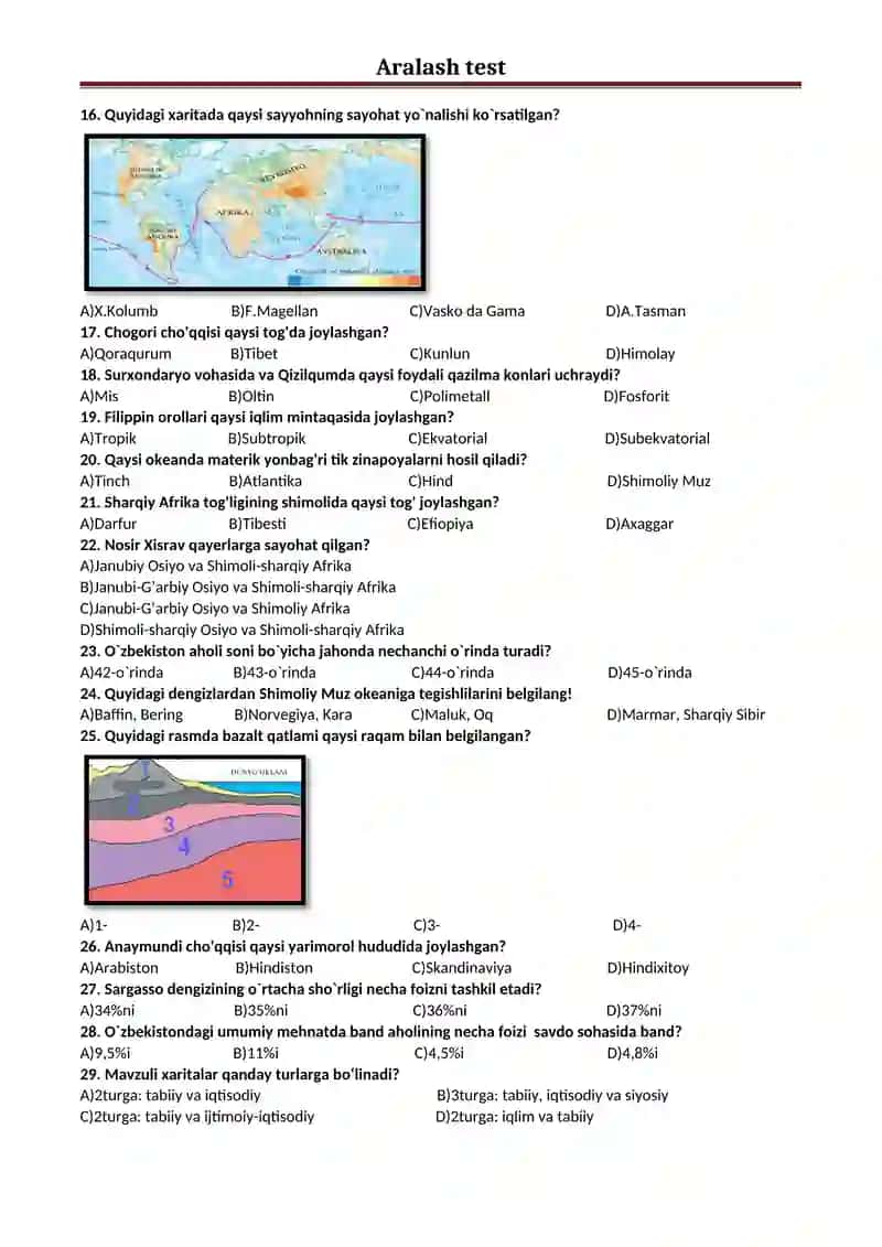 Geografiya fanidan aralash test. 2