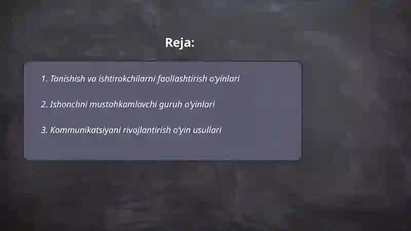 Tanishish va ishtirokchilarni faollashtirish oʻyinlari 2