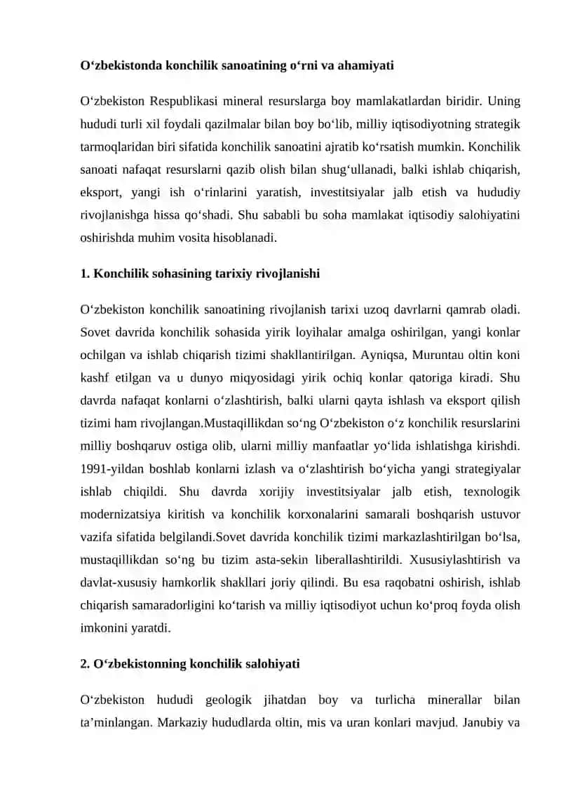 O‘zbekistonda konchilik sanoatining o’rni va ahamiyati 2