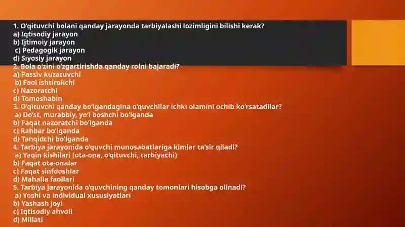 Tarbiyaviy ishlar metodikasi fanidan test 2