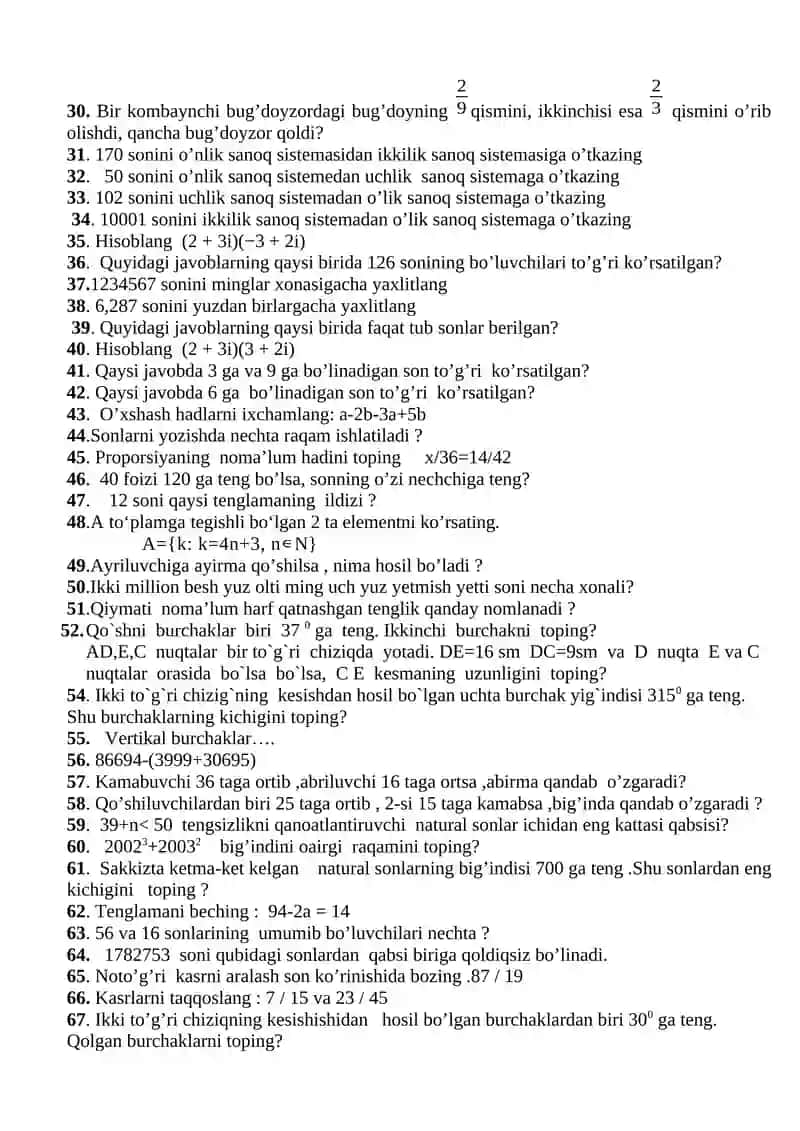 Boshlang’ich matematika kursi nazariyasi fanidan yakuniy nazorat uchun savollar 2