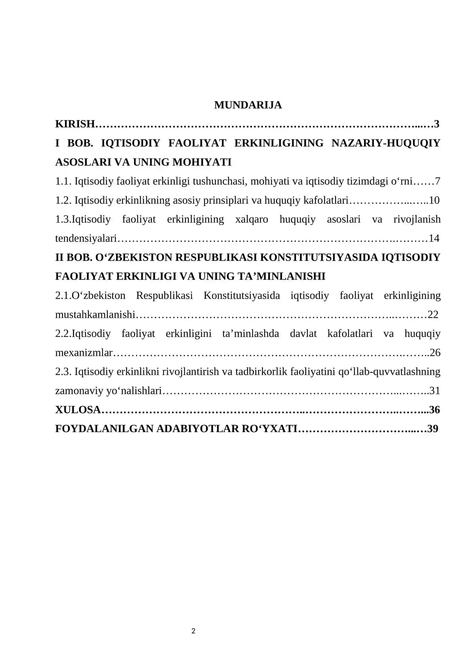Iqtisodiy faoliyat erkinligi kurs ishi 2