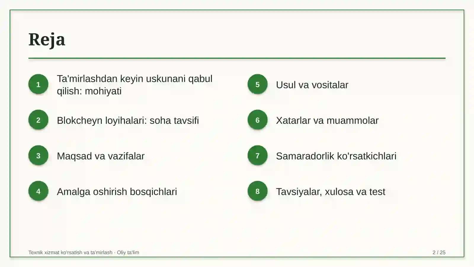Texnik xizmat ko'rsatish va ta'mirlash · Oliy ta’lim 2