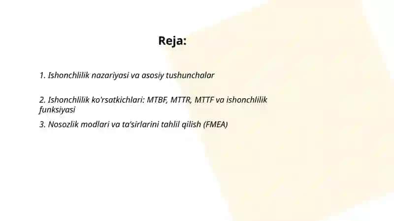Tehnologik tizim va qurulmalarning ishonchliligi 2