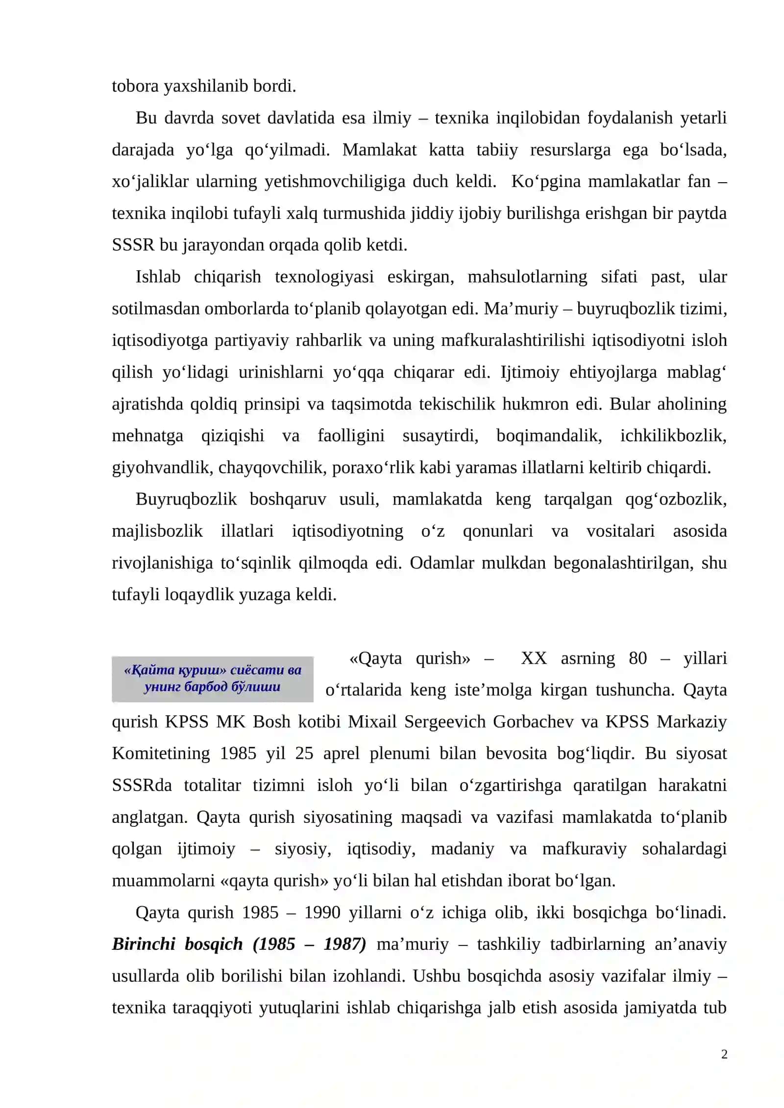 Mustaqillikka erishishi arafasidagi O`zbekistonning ijtimoiy-siyosiy, jarayonlari 2