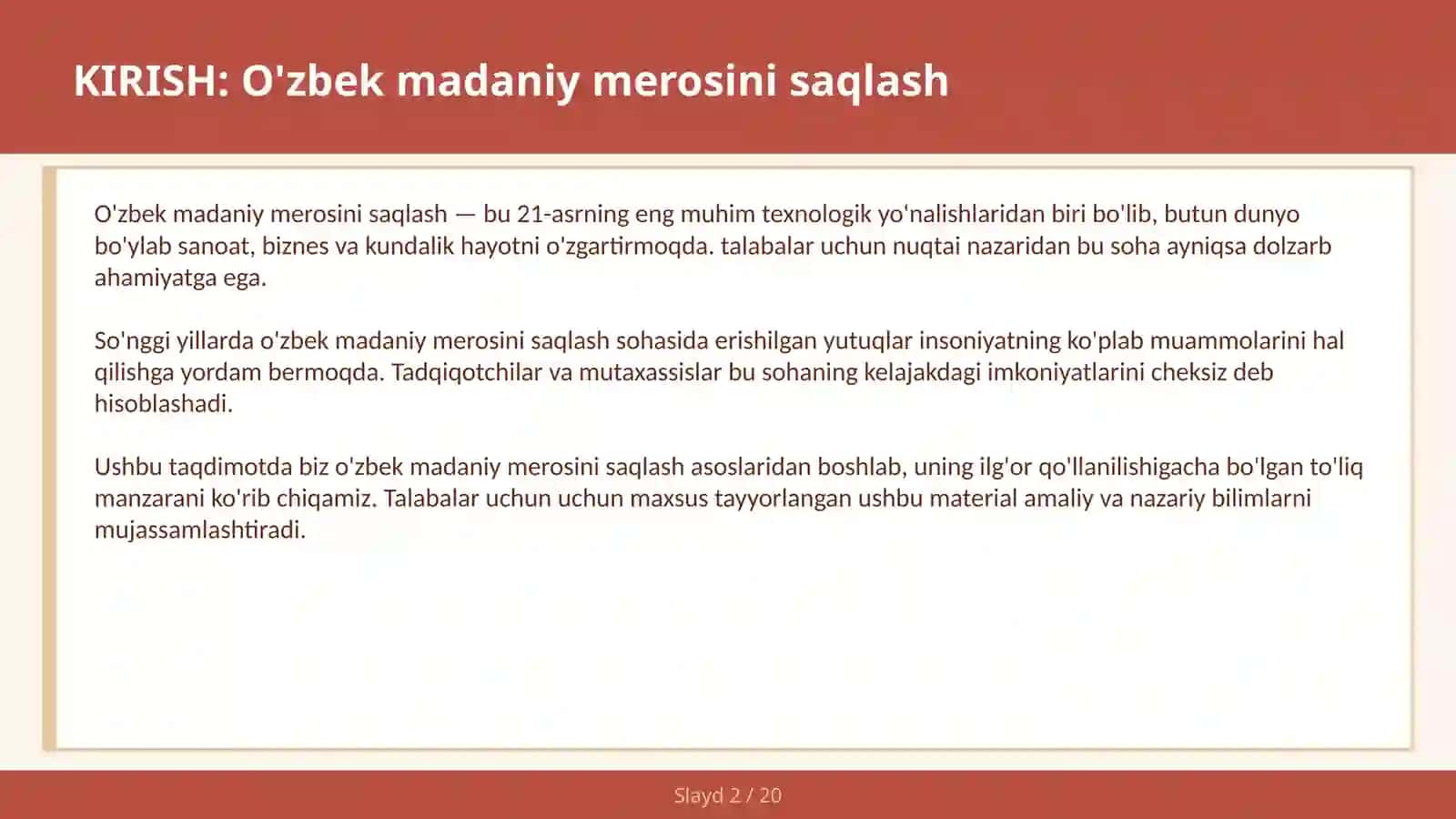 O'zbek Madaniy Merosini Saqlash 2