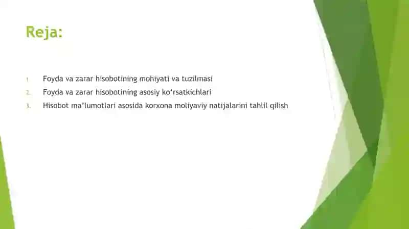 Foyda va zarar hisobotining asosiy ko'rsatkichlari 2