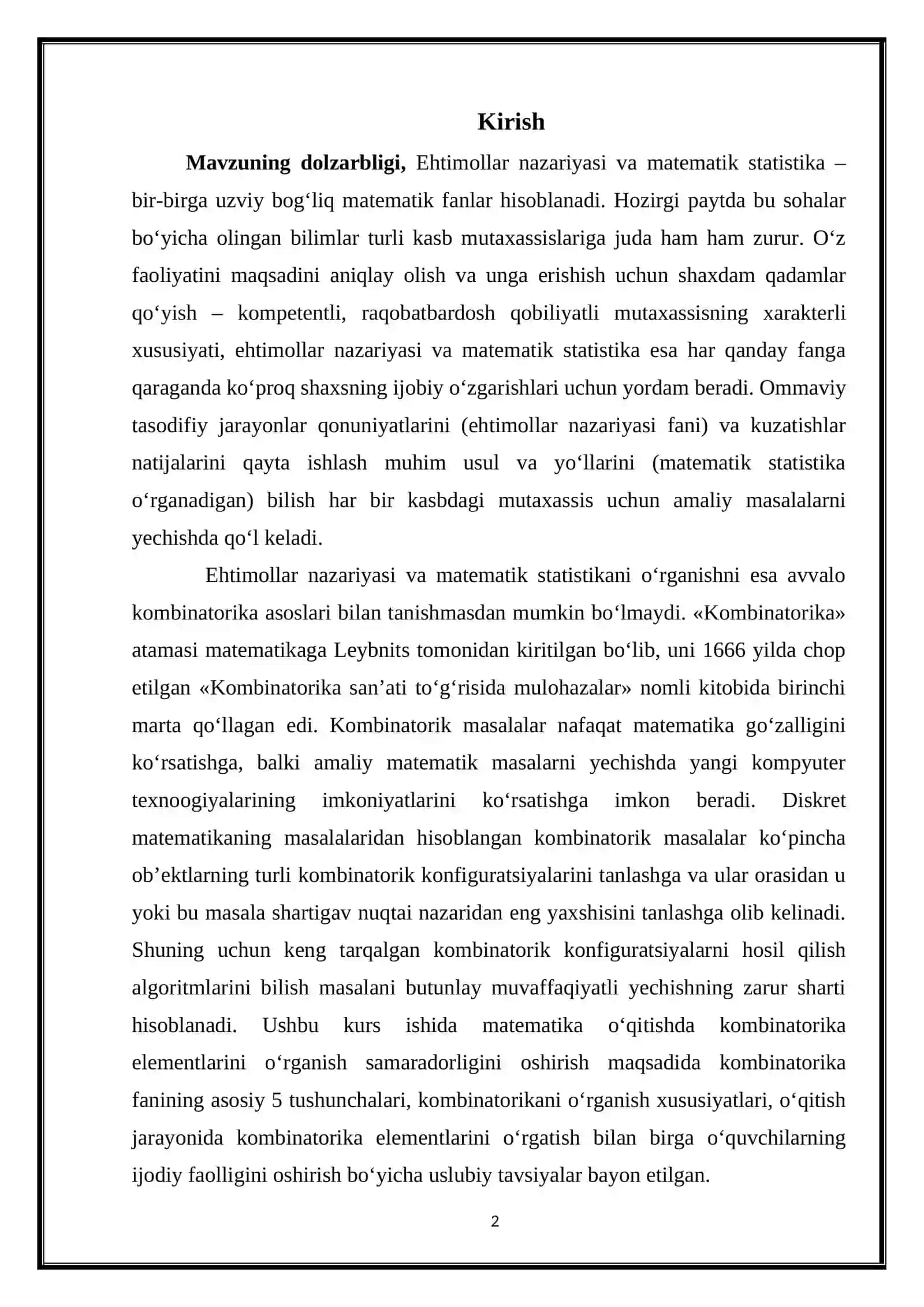 BO‘LAKLASHLAR KOMBINATORIKASI KURS ISHI 2