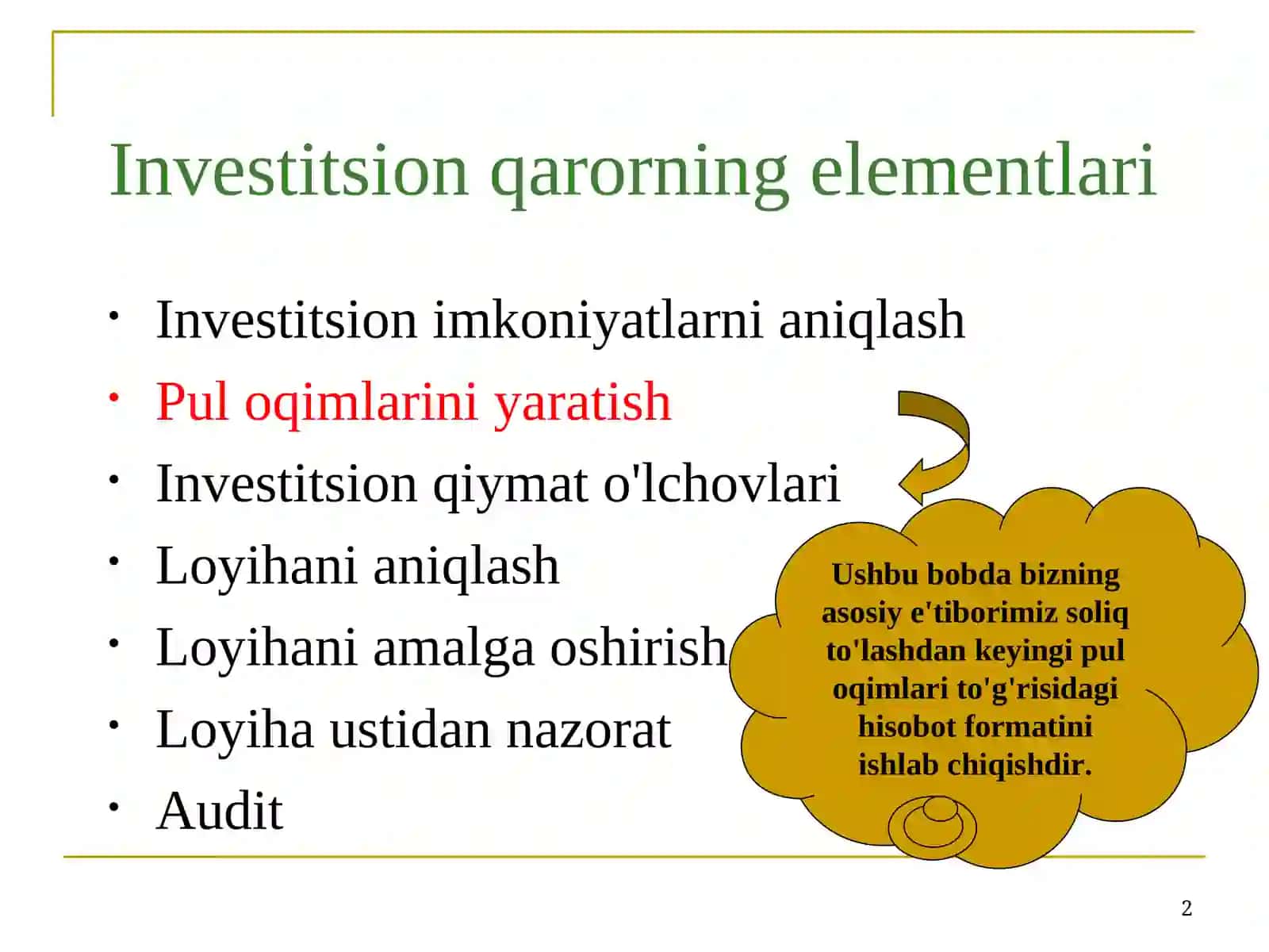 Proyektlarni moliyalashtirishda pul oqimi tahlili 2