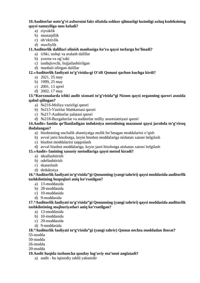 Auditorlik fanidan test savollari 2
