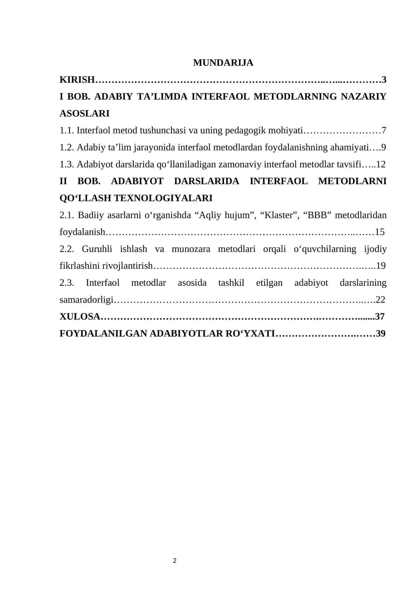 Adabiy ta’limida interfaol metodlarning o‘rni  KURS ISHI 2