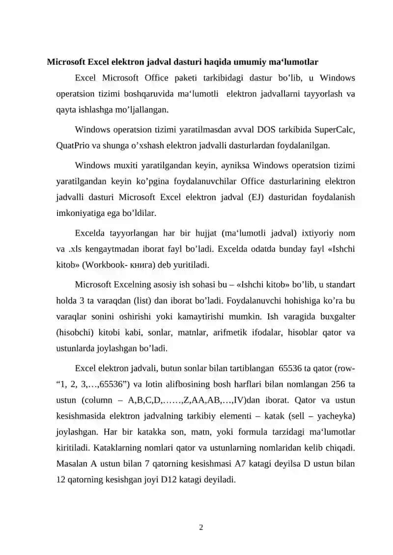Microsoft Excel elektron jadval dasturi haqida umumiy ma‘lumotlar 2