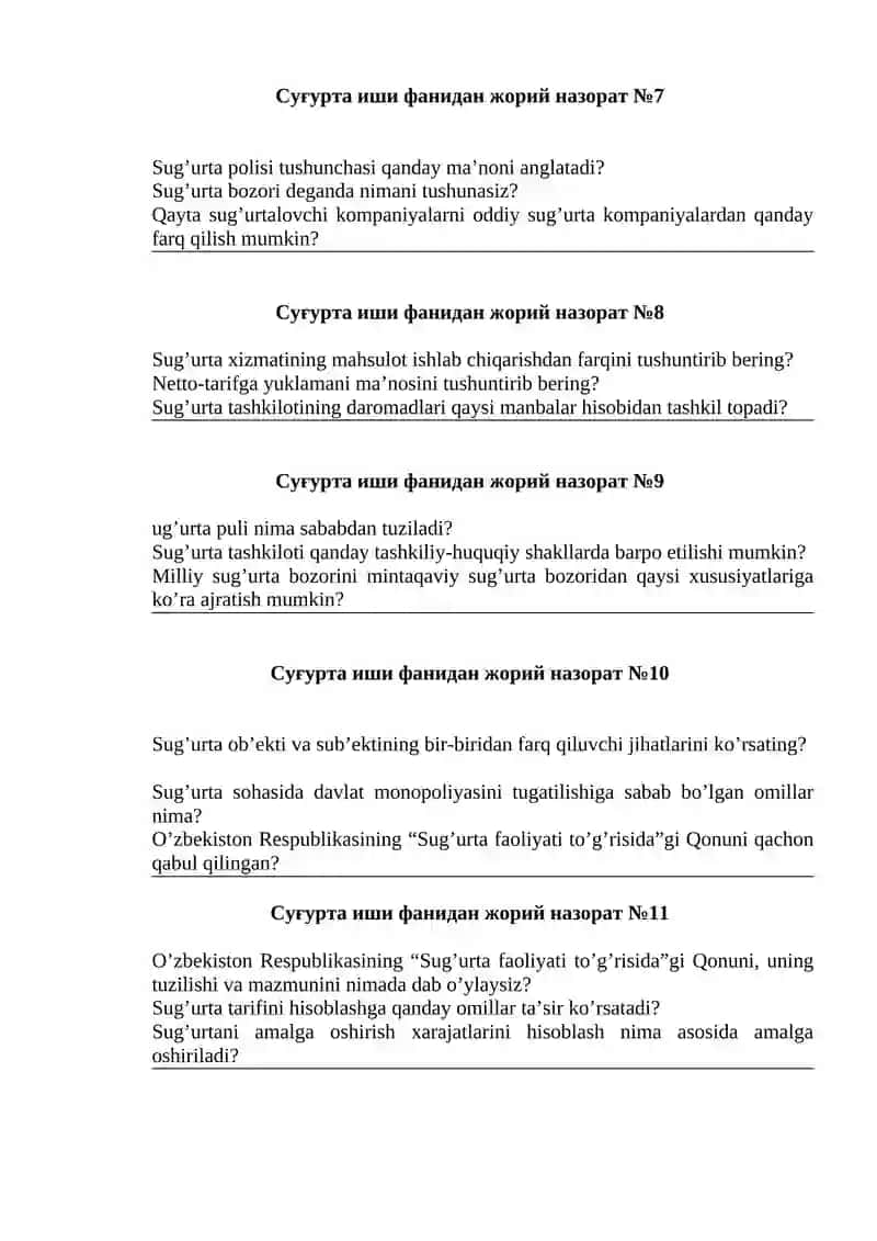 Суғурта иши фанидан жорий назорат №1 2