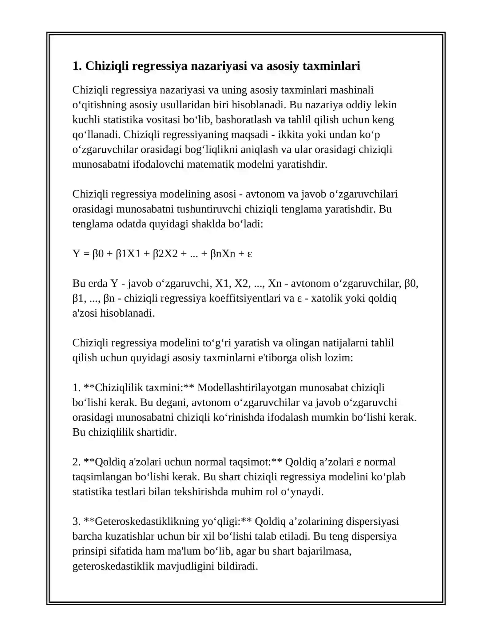 MASHINALI O‘QITISHNING CHIZIQLI REGRESSIYA USULLARI ASOSIDA BASHORATLASH MASALALARINI YECHISH 2