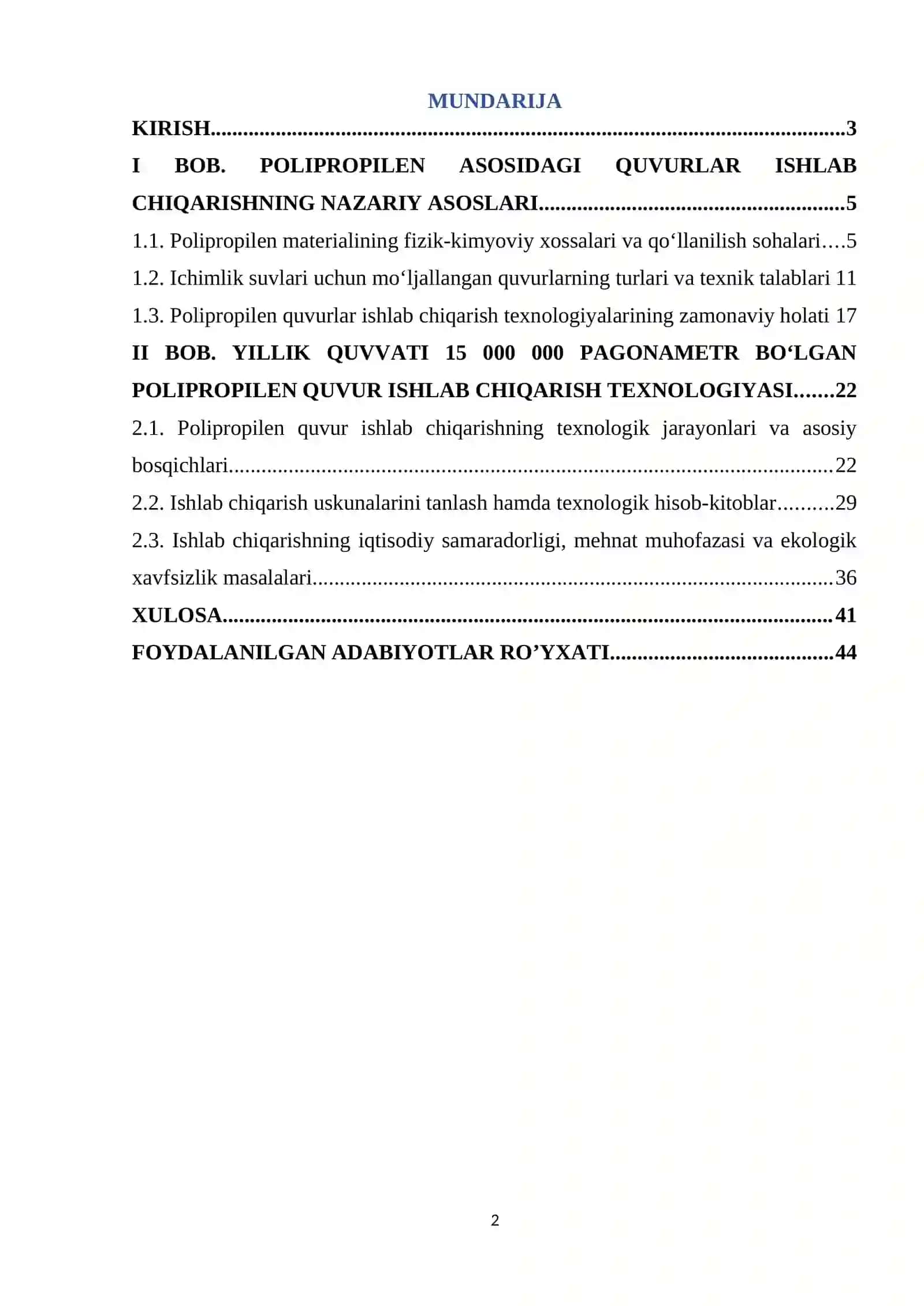 Polipropilen asosida ichimlik suvlari uchun mo’ljallangan quvur ishlab chiqarish (yillik quvvat 15000000 pagonametr) 2