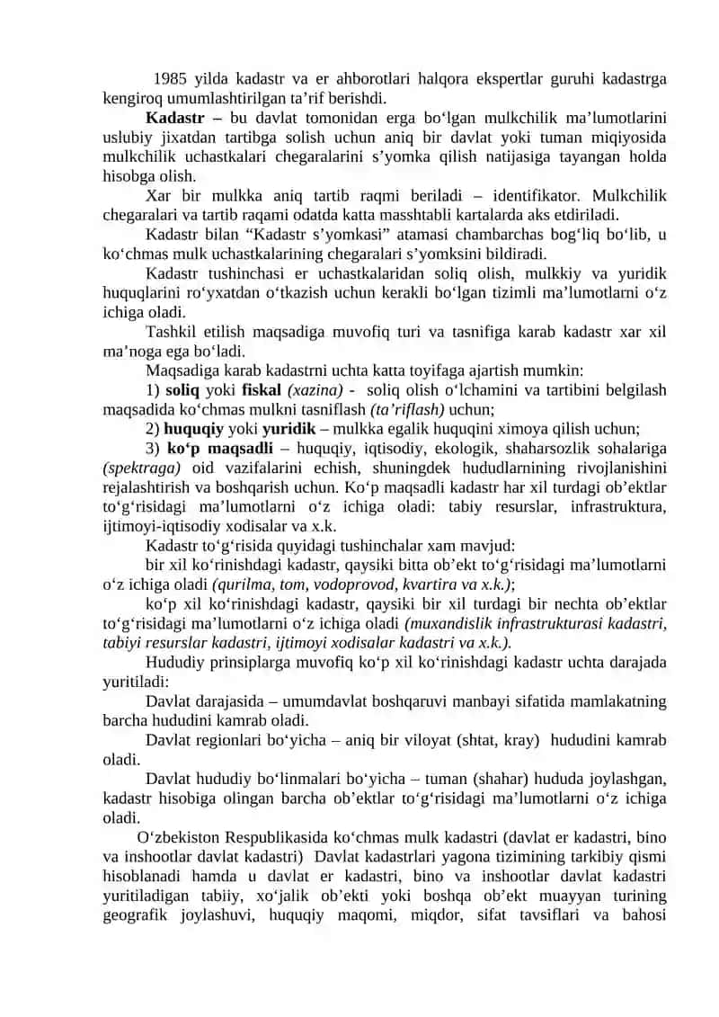 Ko‘chmas mulk davlat kadastrini yuritishning nazariy va xukukiy asoslari 2