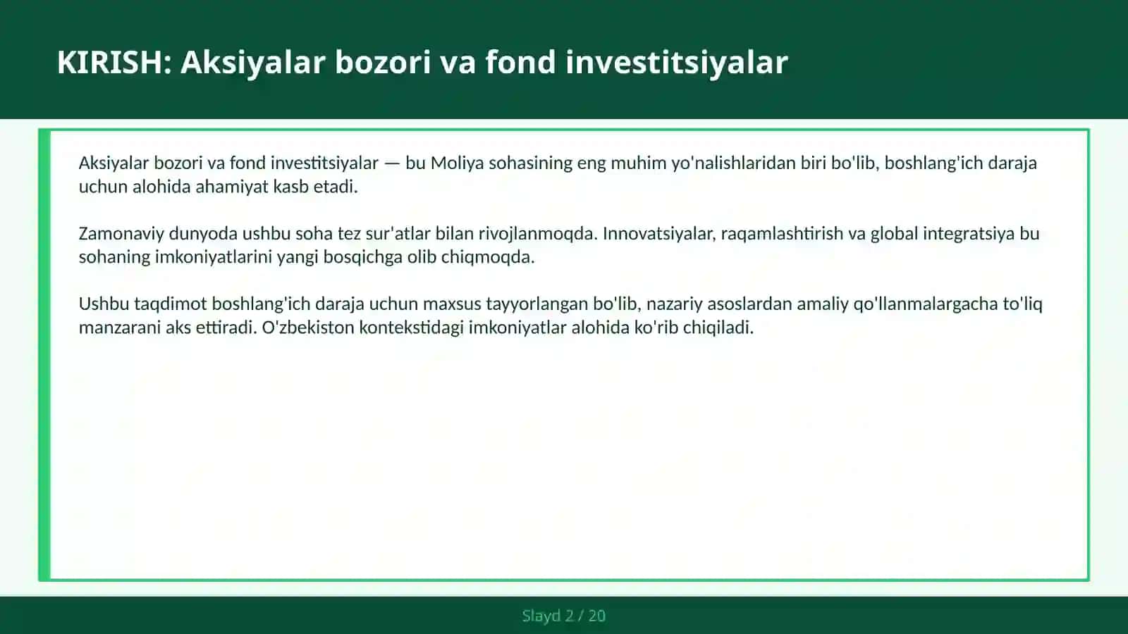 Aksiyalar bozori va fond investitsiyalar 2