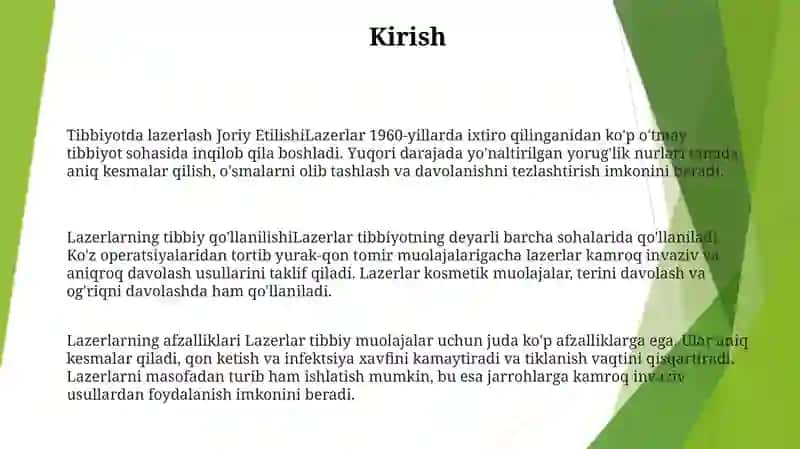 Lazerning Tibbiyotda Qo'Llanishi 2