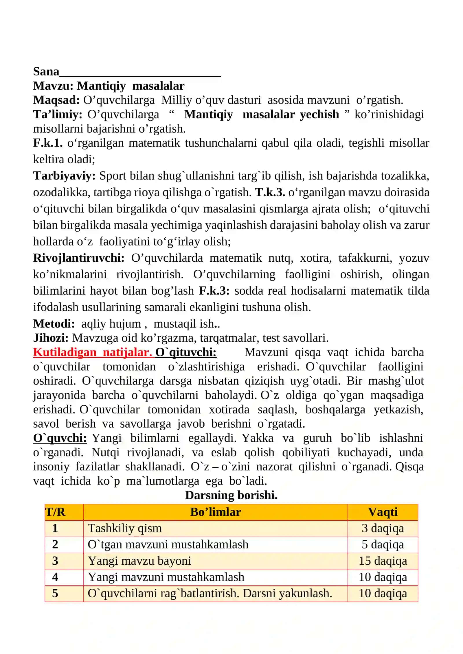 Mantiqiy masalalar 1-sinflar uchun Matematika fanidan dars ishlanmasi 2