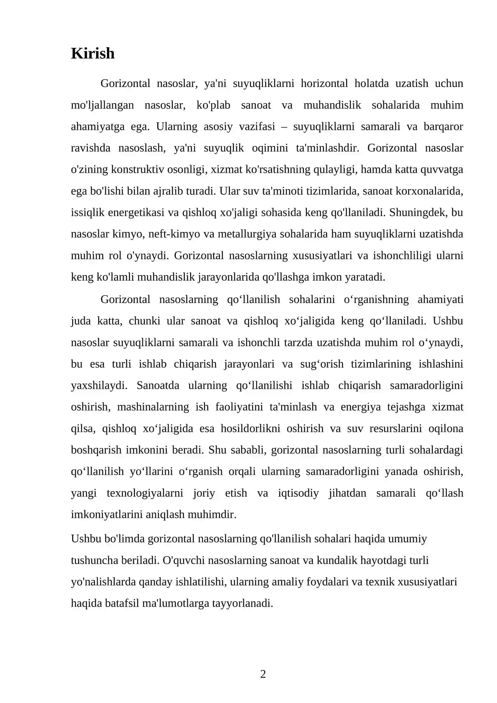 Gorizontal nasoslarning qo’llanilish soxalari 2