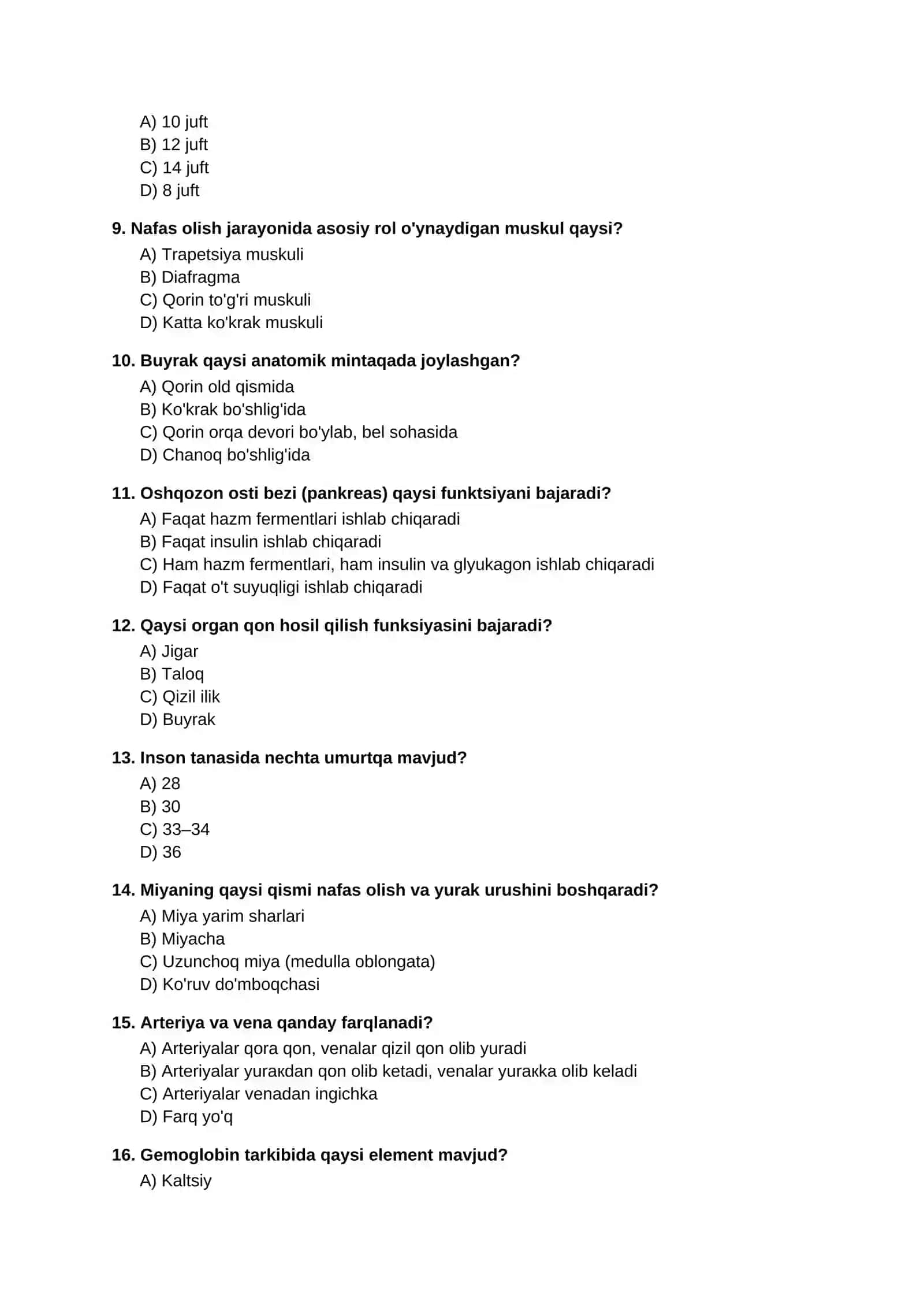 ODAM ANATOMIYASI FANIDAN TESTLAR 2