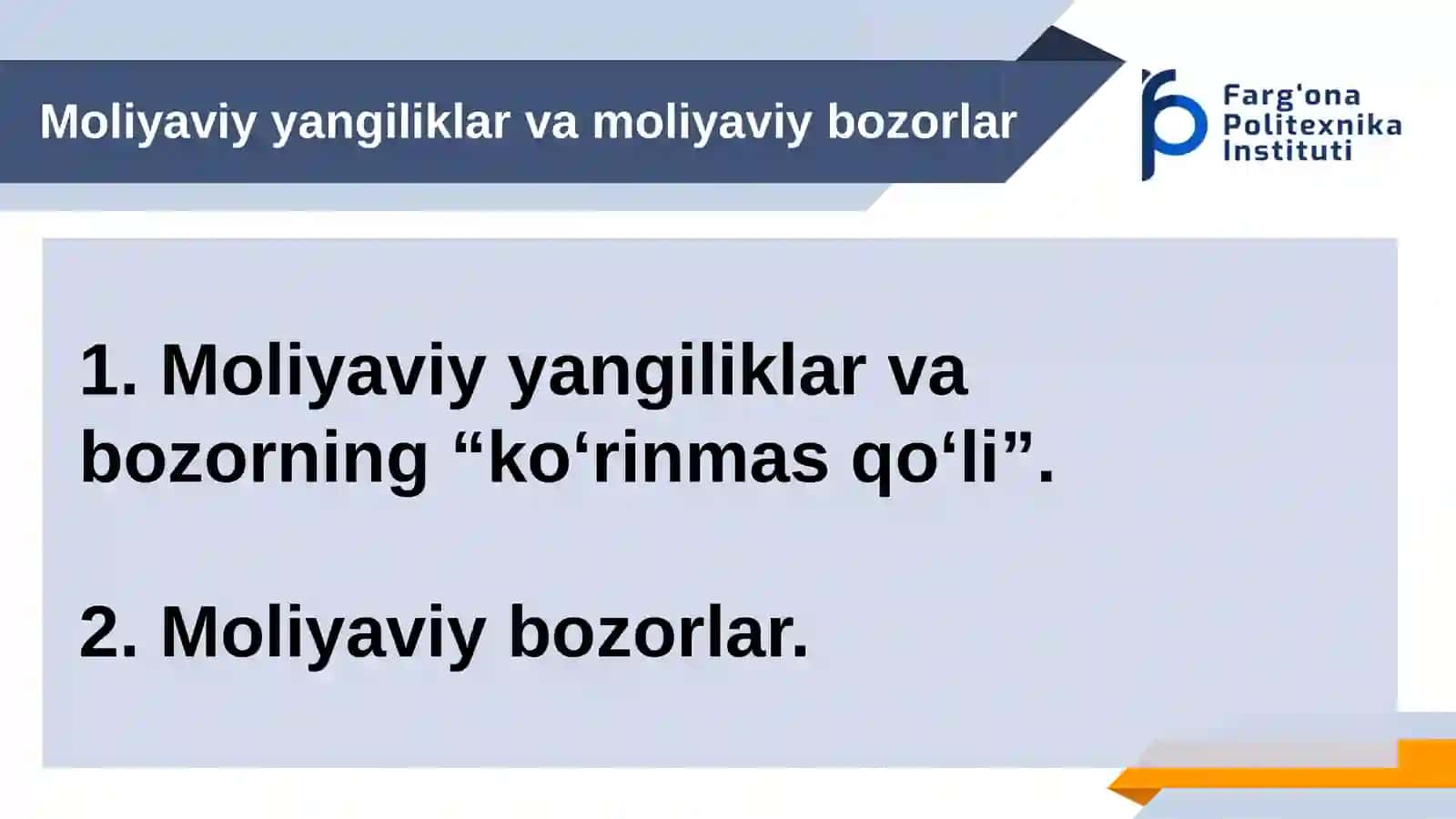 Moliyaviy yangiliklar va moliyaviy bozorlar 2