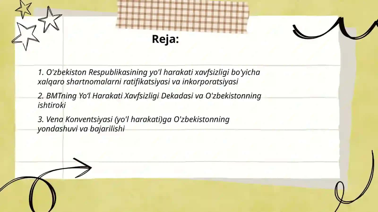 O'zbekiston Respublikasining xalqaro shartnomalardagi o'rni yo'l harakati xavfsizligi fanidan 2