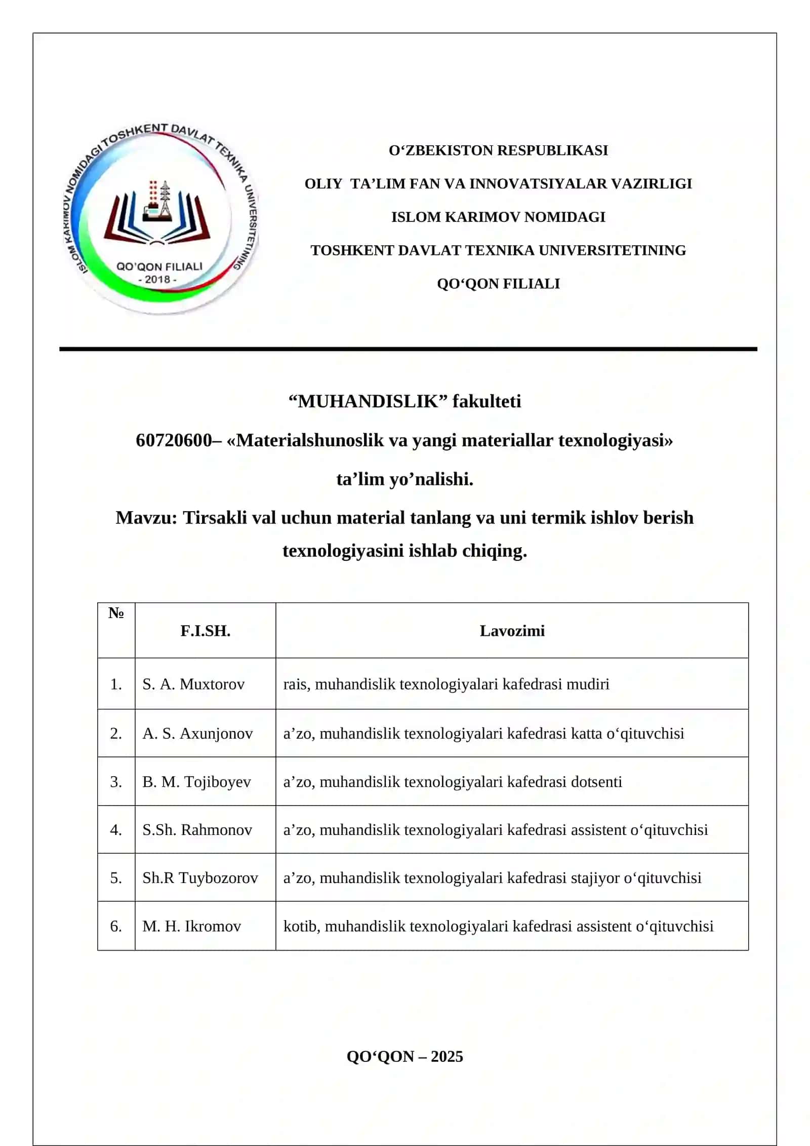Tirsakli val uchun material tanlov 2