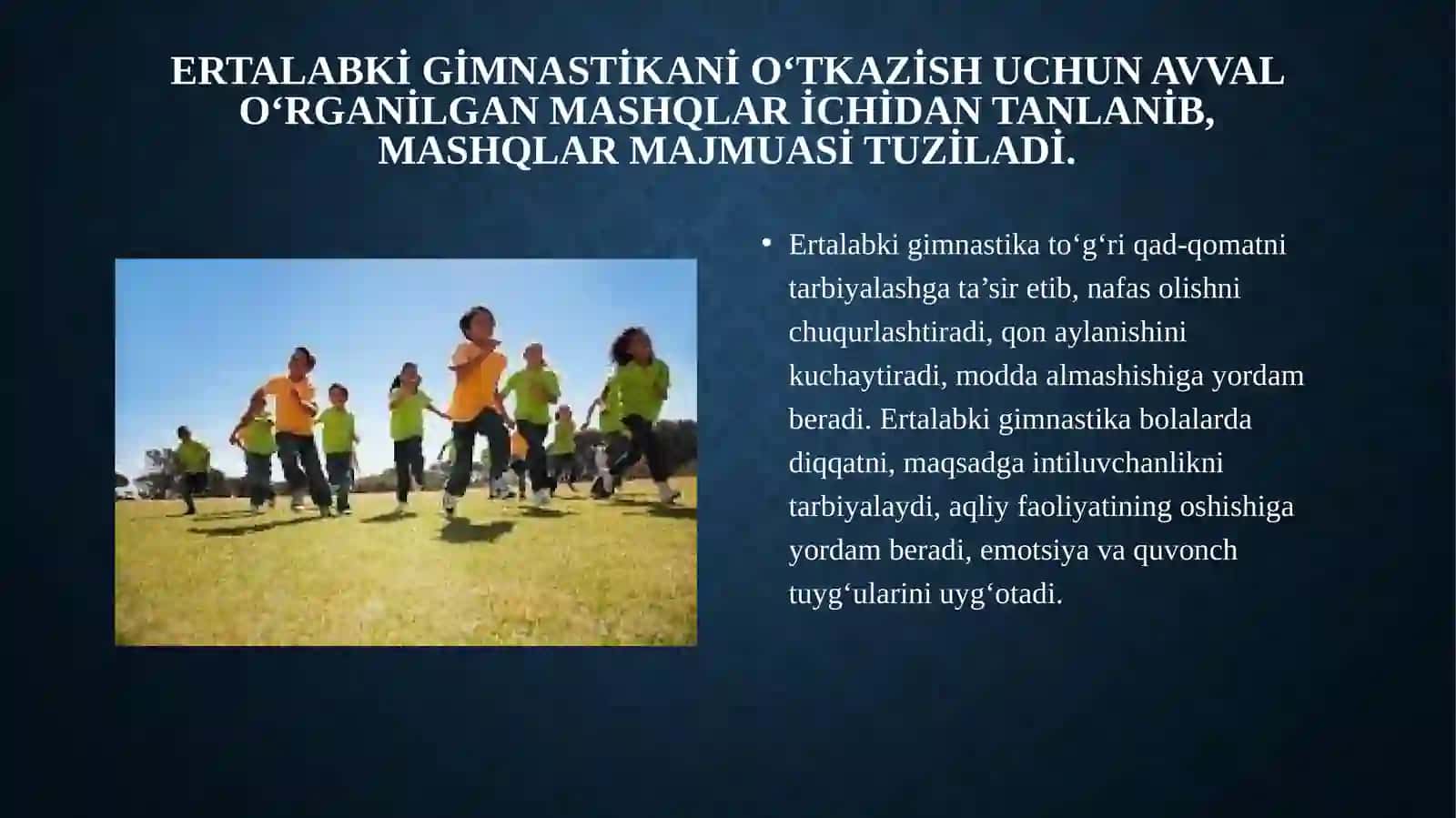 Umumiy jismoniy sifatlarni rivojlantirish mashqlarini majmuolarini tuzish ularni muhokamaga topshirish 2