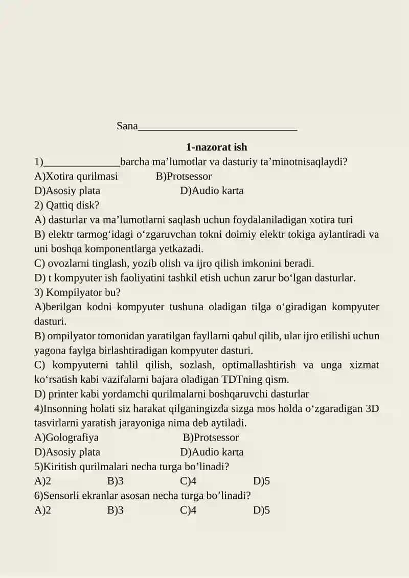 Informatika va axborot texnologiyalari fanidan nazorat ishi daftari 2