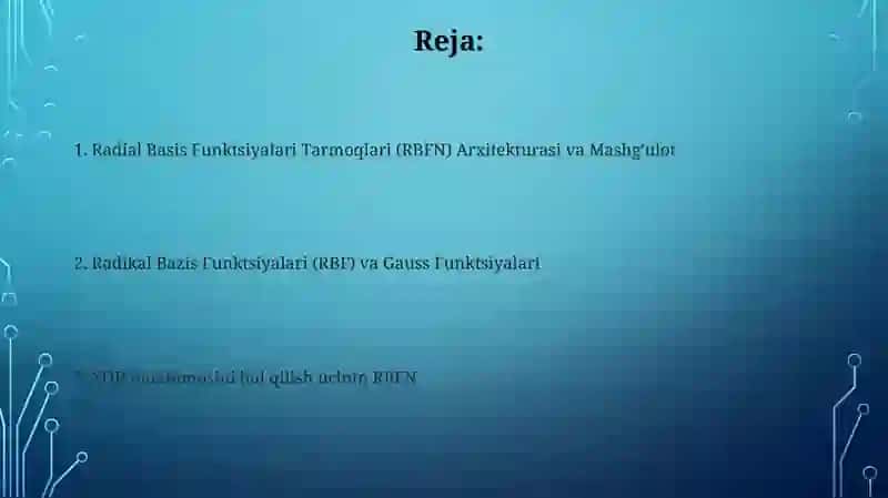 Radial Basis Funktsiyalari Tarmoqlari (RBFN) Arxitekturasi va Mashg'ulot 2