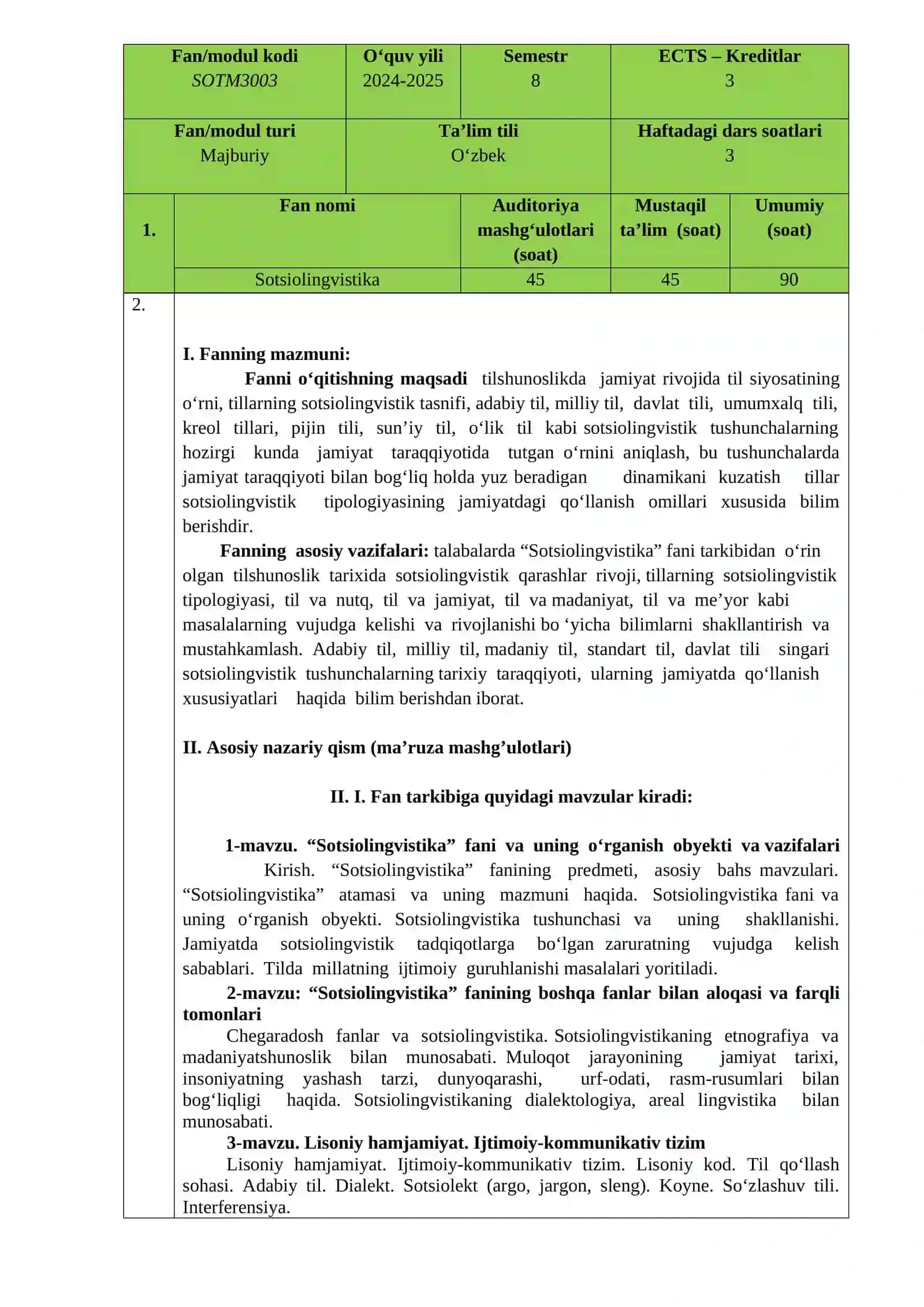 SOTSIOLINGVISTIKA FANINING O‘QUV DASTURI 2