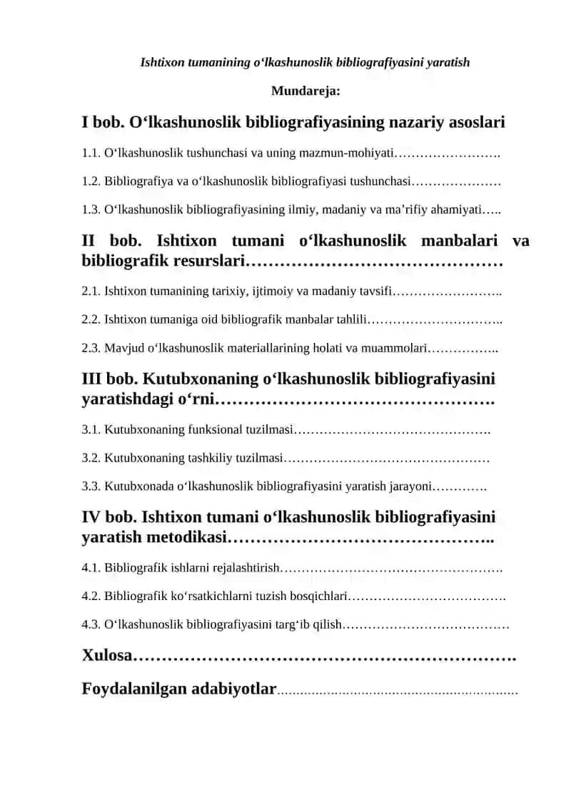 Ishtixon tumanining  o’lkashunoslik bibliografiyasini yaratish 2