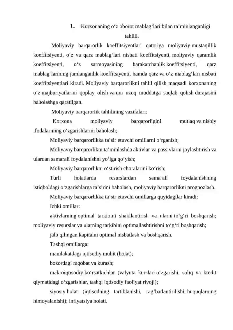 Korxonaning o'z oborot mablag'lari bilan ta'minlanganlik tahlil 2