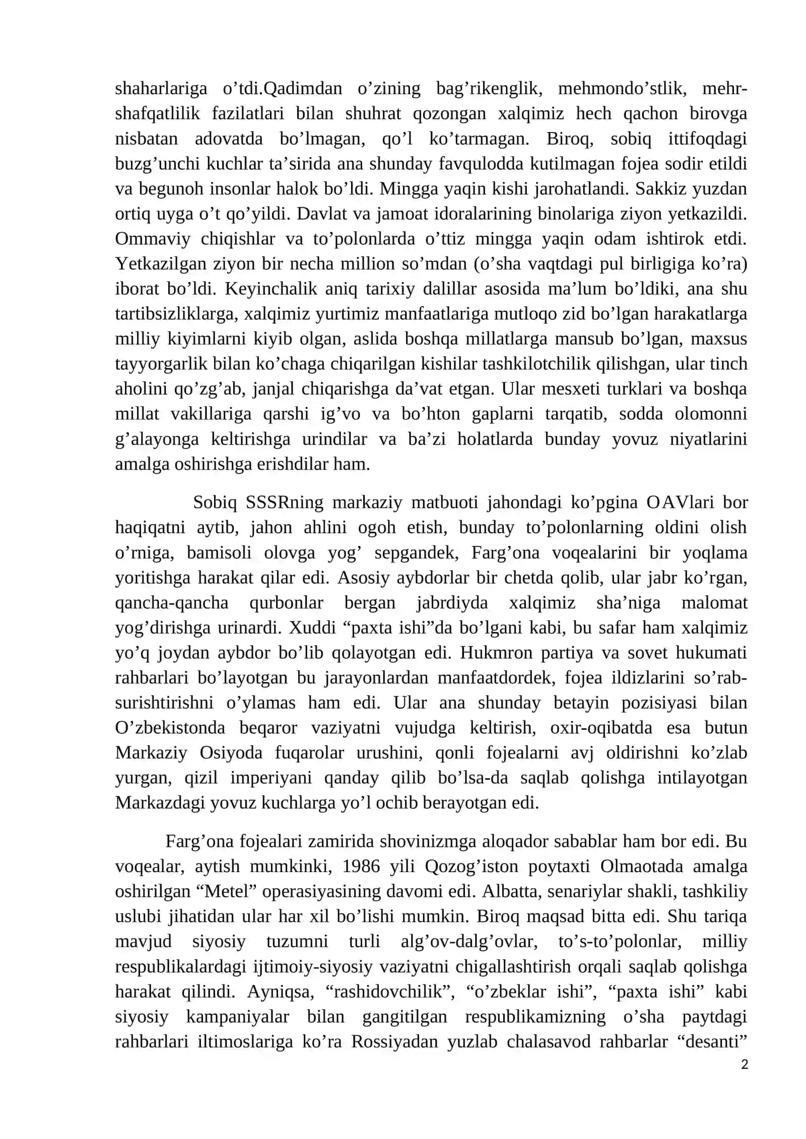 O‘zbek davlatchiligining shakllanishi va taraqqiyot bosqichlari (Rossiya imperiyasi va sovet hukmronligi davrida o‘lkadagi ijtimoiy-iqtisodiy, siyosiy va ma’naviy jarayonlar.) 2