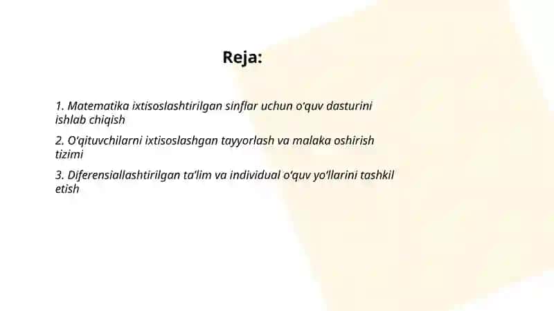 Matematikaga ixtisoslashtirilgan sinflarada oʻqitishni tashkel etish 2