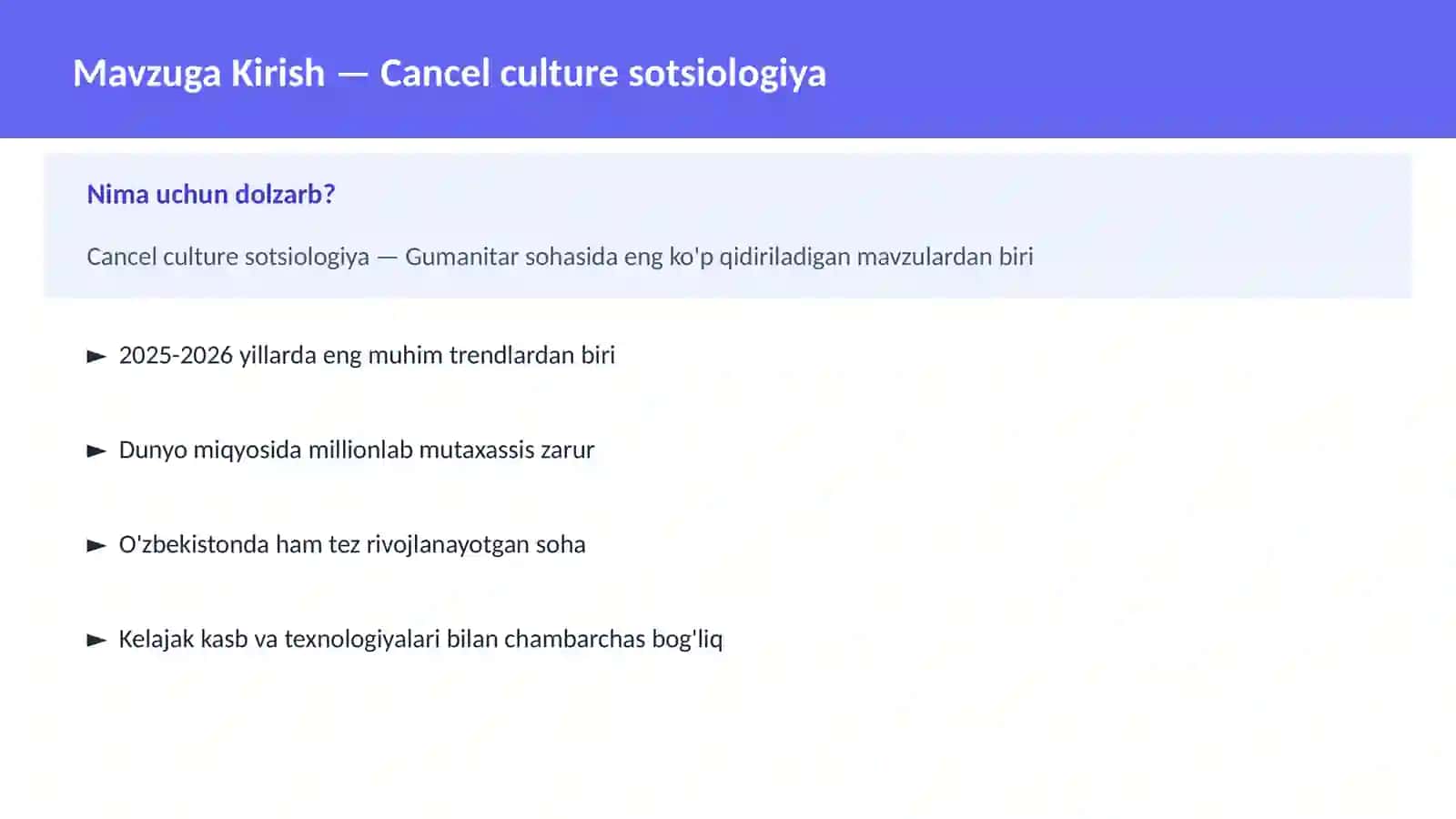 Mavzuga Kirish — Cancel culture sotsiologiya 2