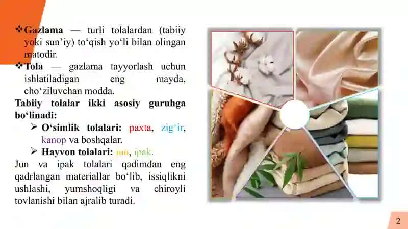 Jun va ipak tolali gazlamalar, ularning olinishi. Jun va ipak tolalarning xossalari 2