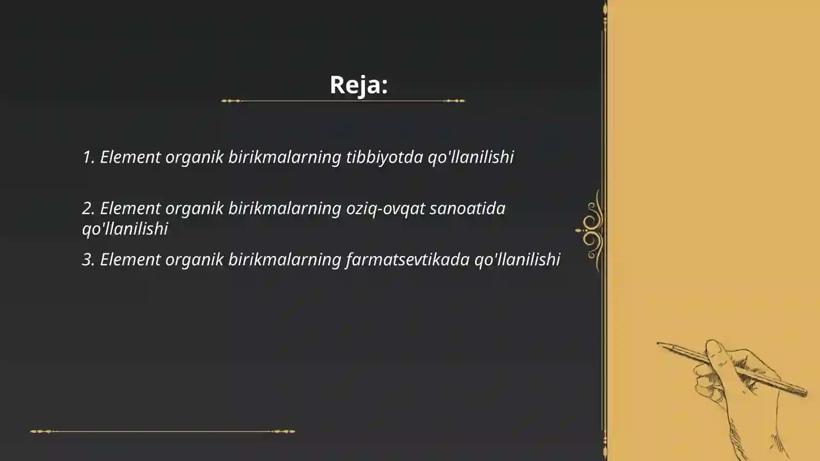 Element organik birikmalarning qo'llanilishi 2